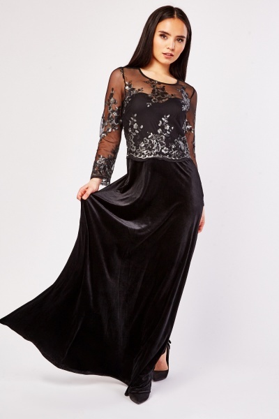 Sequin Embroidered Bodice Maxi Dress