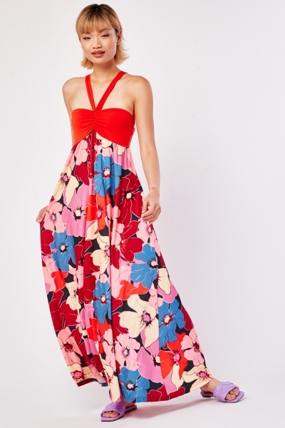 Floral Placement Print Halter Dress