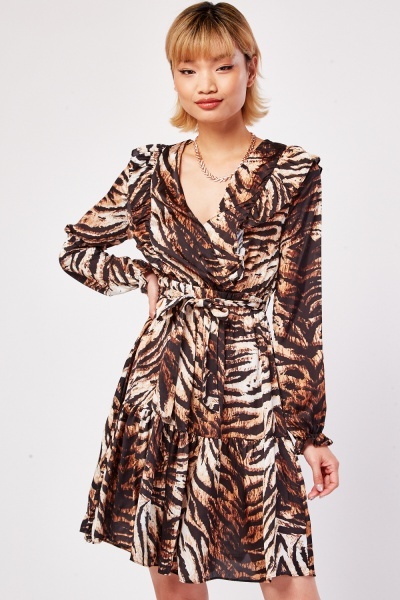 Ruffle Zebra Print Silky Dress