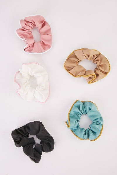 Image of Contrasted Trim 5 Pack Hair Scrunchies