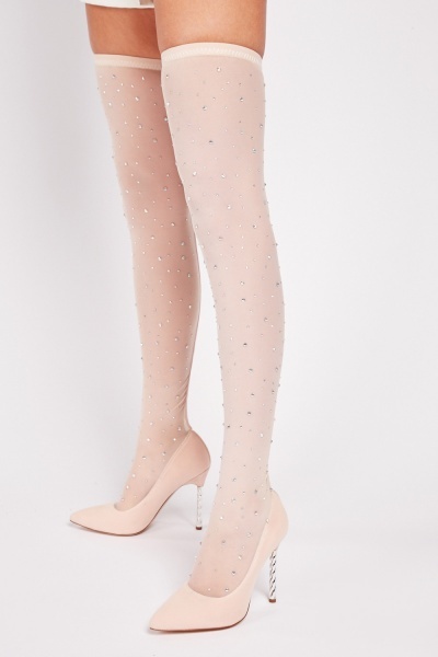 Encrusted Mesh Over Knee Sock Boots