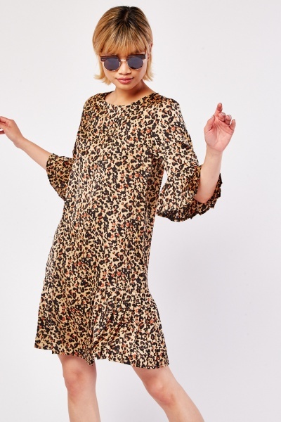 Leopard Print Pleated Sateen Dress