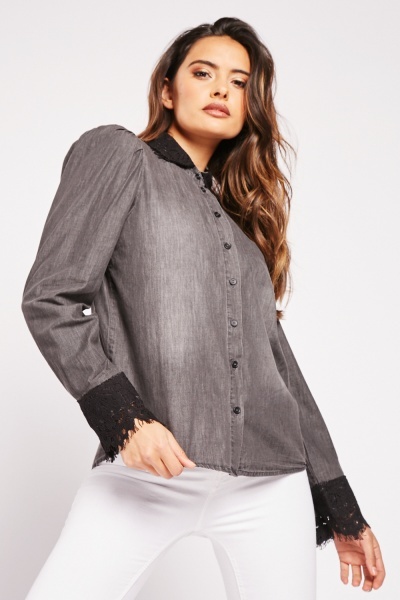 Image of Contrasted Lace Trim Shirt