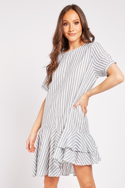 Textured Striped Frill Hem Dress