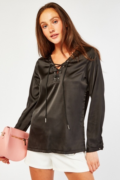 Image of Lace Up Neck Silky Blouse