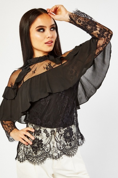 Lace Insert Frilled Trim Blouse