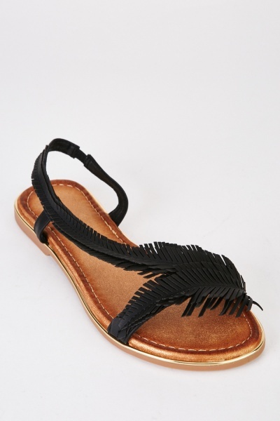 Fringed Black Sandals
