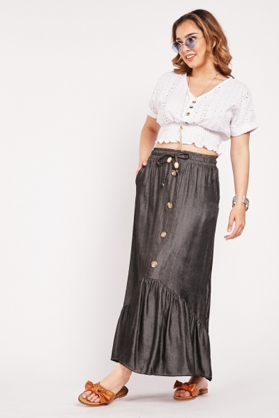 Button Trim Tiered Maxi Skirt