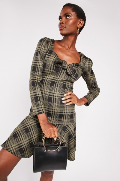 Front Bow Checkered Textured Dress