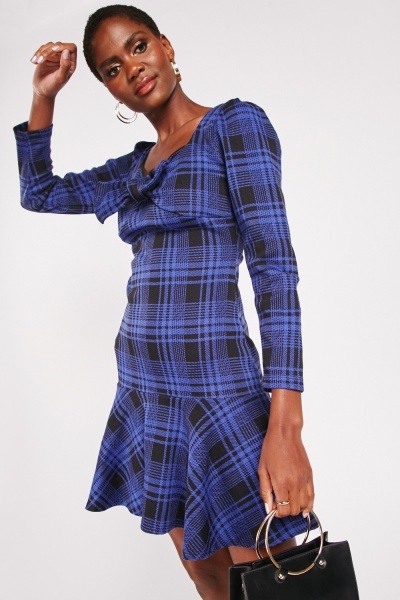 Front Bow Checkered Textured Dress