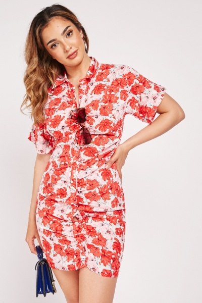 Ruched Floral Mini Dress