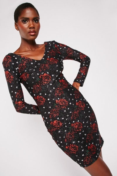 V-Neck Rose Print Bodycon Dress