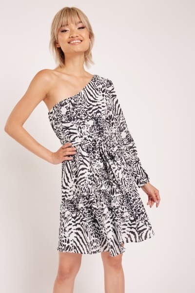 One Shoulder Animal Print Tiered Dress