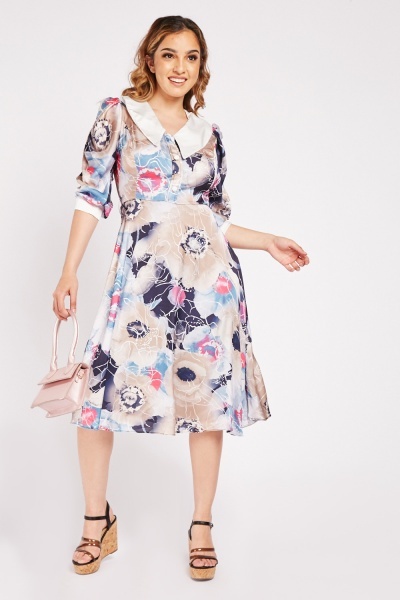 Overlay Collar Floral Midi Dress