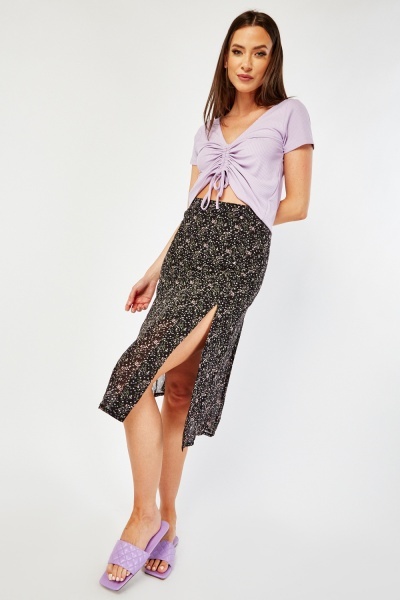 Slit Front Printed Midi Skirt