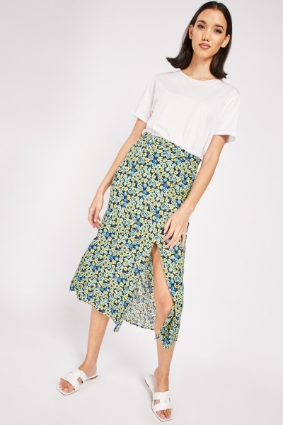 Floral Front Slit Midi Skirt