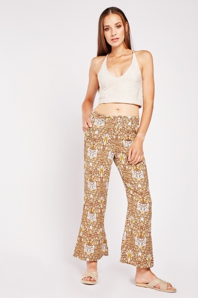 Printed Cotton Flared Leg Trousers