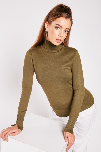 Basic Olive Roll Neck Thin Top