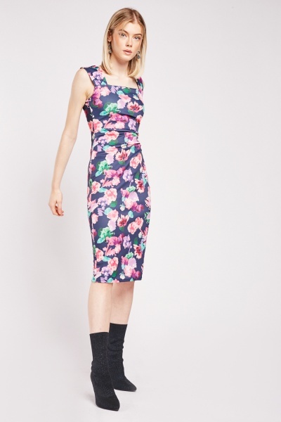 Image of Square Neck Ruched Side Flower Dress