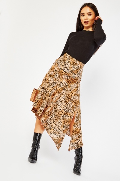 Asymmetric Hem Leopard Print Skirt