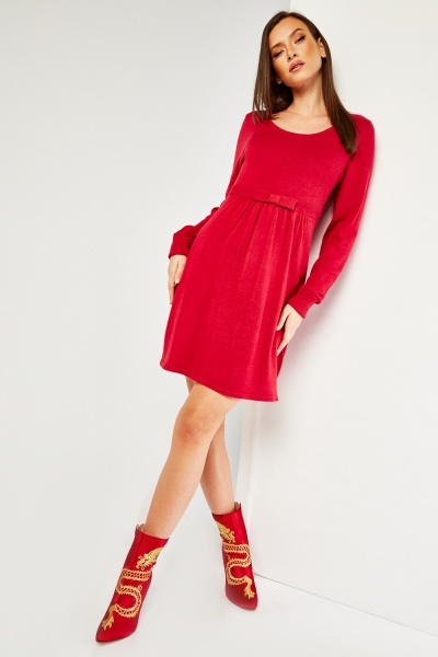 Image of Bow Front Knitted Swing Dress