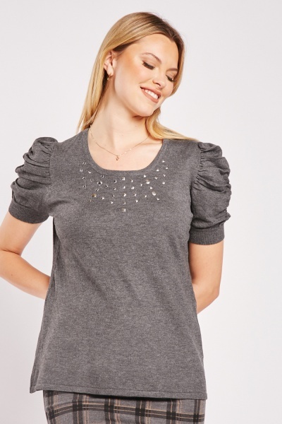 Encrusted Front Gathered Sleeve Knit Top