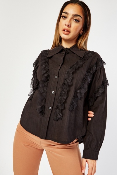 Image of Ruffled Lace Trim Long Sleeve Shirt
