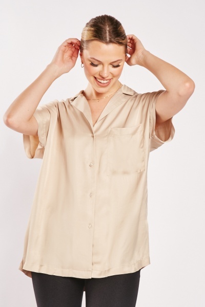 Short Sleeve Silky Lapel Front Shirt
