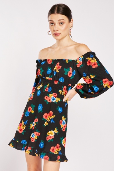 Floral Print Textured Off Shoulder Dress