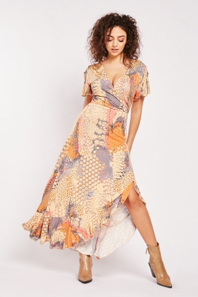 Slit Short Sleeve Printed Maxi Dress