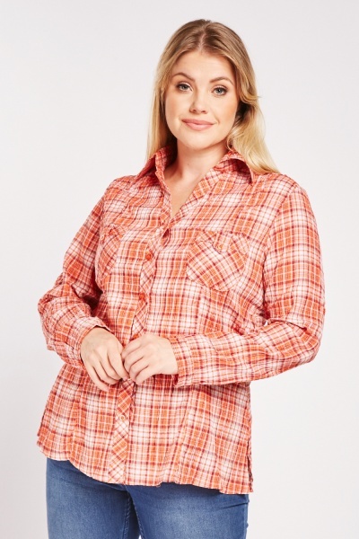 Checkered Front Pockets Crinkled Shirt