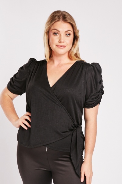 Ruched Short Sleeve Black Top