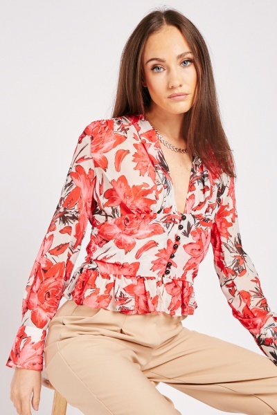 Image of Low Plunge Floral Blouse