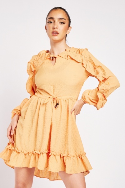 Textured Ruffle Trim Mini Dress