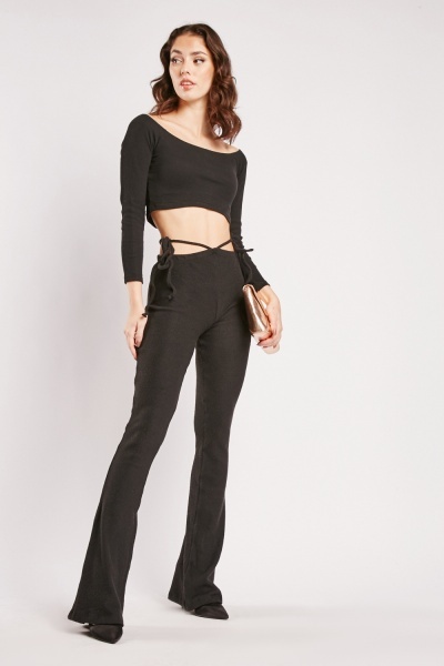 Tie Up Waist Flared Knitted Trousers