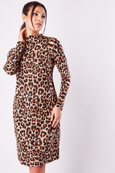 Leopard Print High Neck Dress
