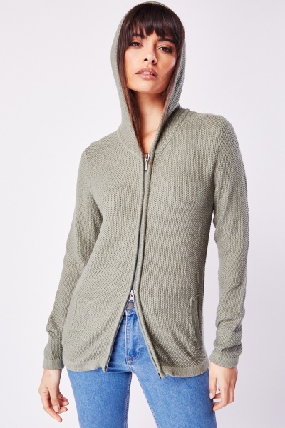 Textured Knit Hooded Zipped Cardigan