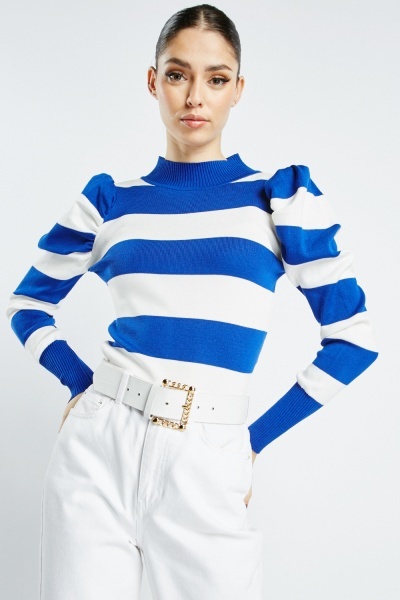Striped Gathered Puff Sleeve Knit Top