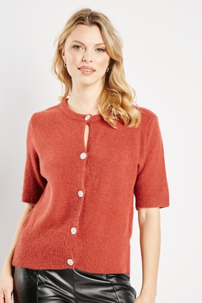 Encrusted Buttons Short Sleeve Top