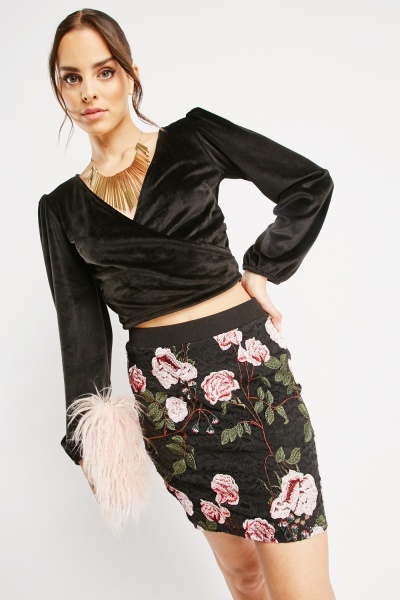 Embroidered Mesh Overlay Mini Skirt