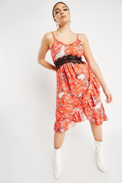 Lace Trim Printed Strappy Dress