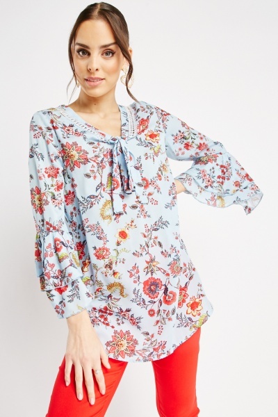 Printed Tie Up Neck Tunic Top