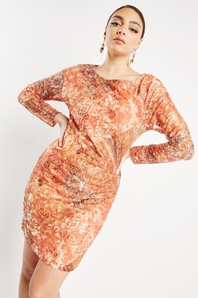 Image of Printed Mesh Overlay Mini Dress