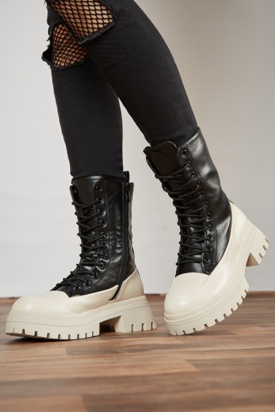 Contrasted Lace Up Biker Boots