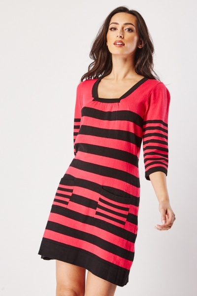 Image of Front Pockets Striped Knitted Dress