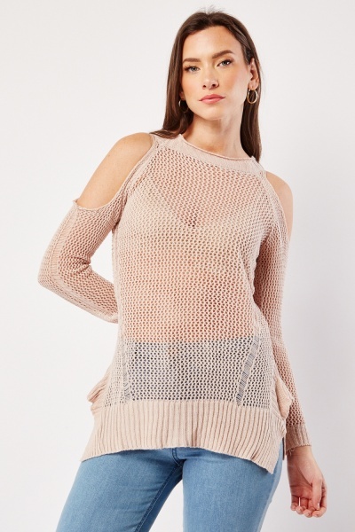 Image of Perforated Cold Shoulder Knit Top