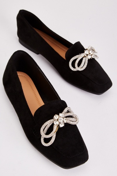 Bow Encrusted Suede Loafers