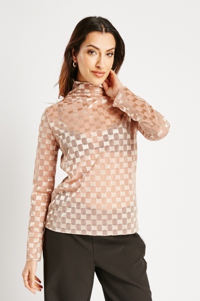 Image of High Neck Mesh Blouse