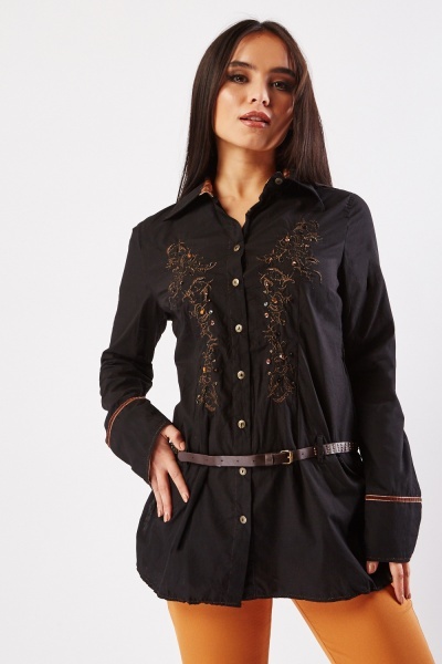 Embroidered Stitched Belted Shirt