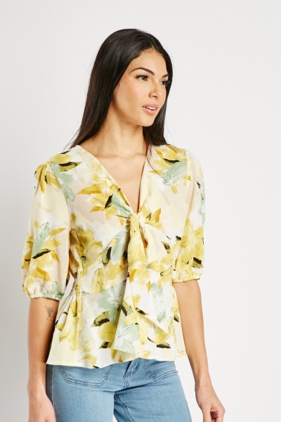 Image of Flower Print Tie Front Blouse